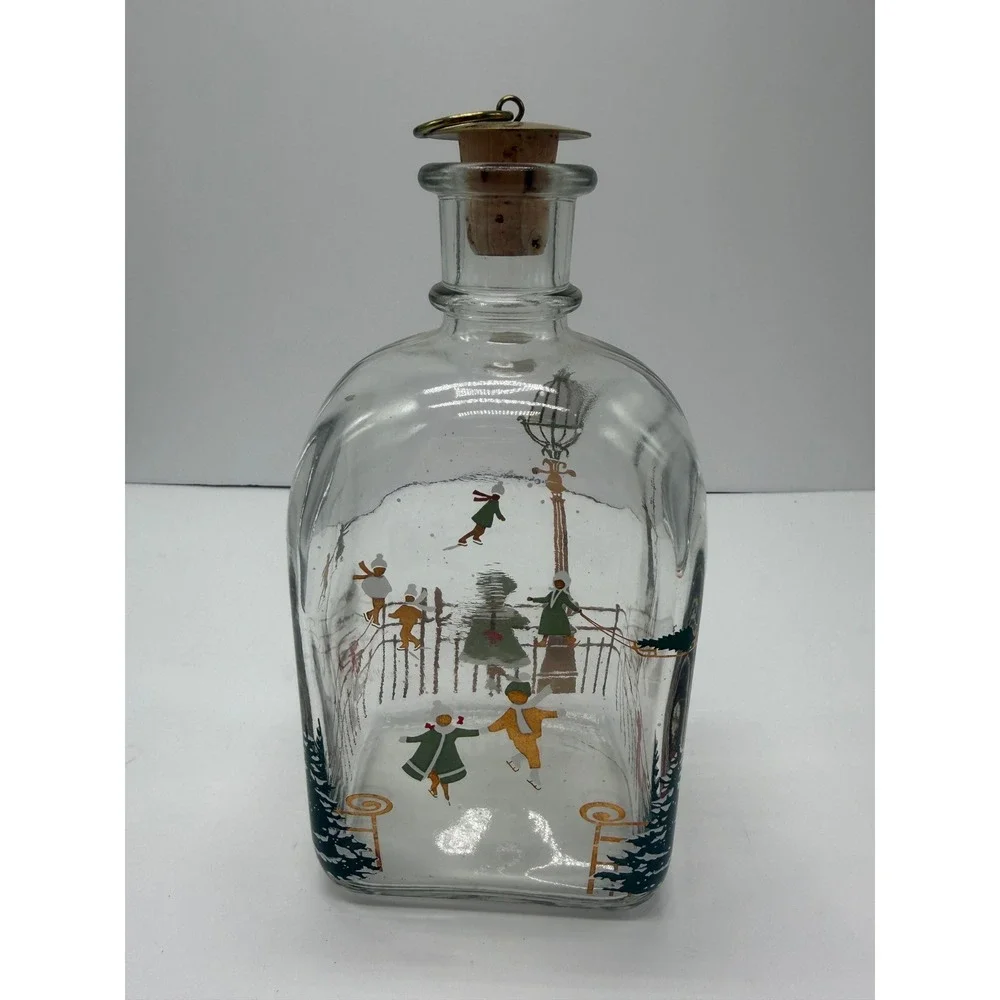 Holmegaard Christmas Decanter 1980s Danish Glass Ice Skating Scene Brass Stopper